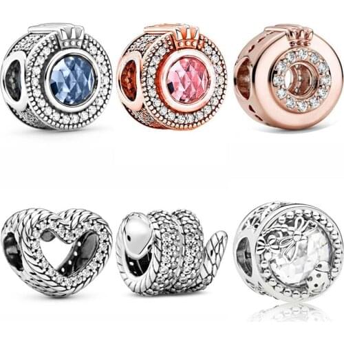 Sparkling Wrapped Snake Blue & Pink Crown O Enchanted Nature Open Heart Beads Fit Europe 925 Sterling Silver Charm Bracelet