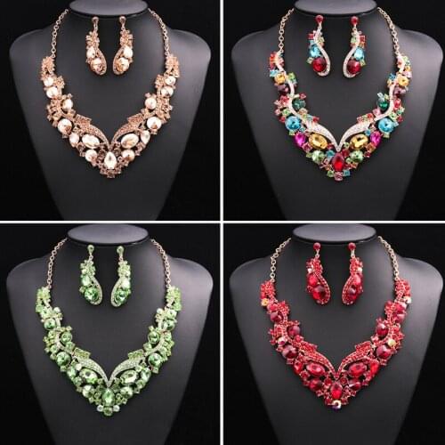 Vintage Bridal Crystal Necklace Earrings Jewelry Set Statement Rhinestone Choker For Women Bib Collar Wedding Party Gift African