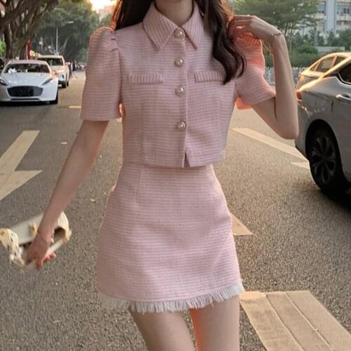 High Quality Korean Fashion 2021 Summer Tweed Two Piece Set Women Crop Top Jacket Coat + Mini Skirt Sets Female 2 Piece Suits