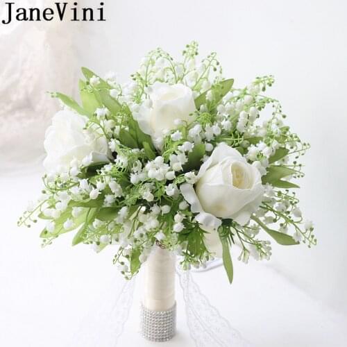 JaneVini Korea White Bridal Wedding Bouquet Rustic Artificial Lily of the Valley Rose Green Leaves Flower Bride Hand Bouquet