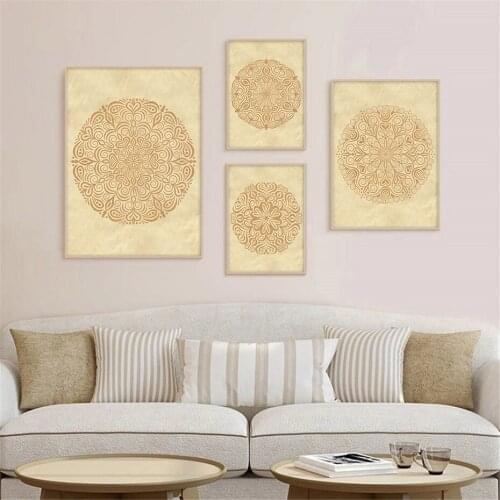 Yellow Mandala Flower Pattern Canvas Painting Beige Mindfulness Zen Poster Decorative Wall Art Poster for Bedroom Home Decor