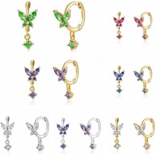 925 Silver Ear Needle Butterfly crystal round pendant Hoop Earrings for Women Exquisite Huggie Earrings Fashion Females Jewelry