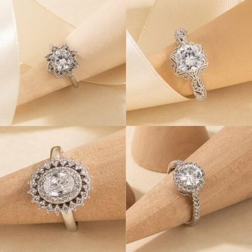 Tocona Luxury Clear Crystal Stone Wedding Ring for Women Silver Color Copper Star Flowers Joint Ring Party Jewelry Accessories