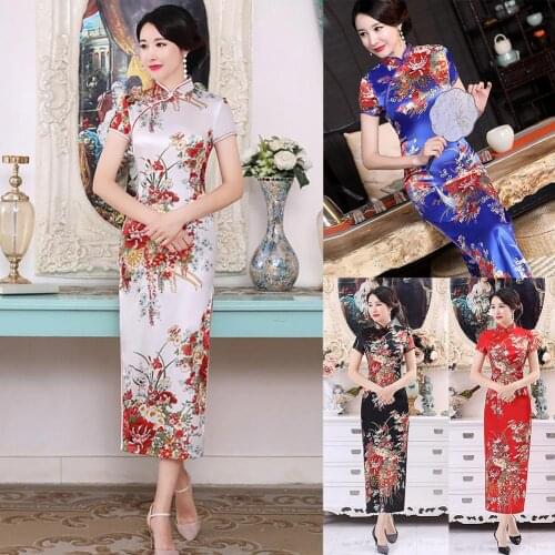 Women Chinese Short Sleeve Floral Print Brocade Cheongsam Banquet Midi Dress