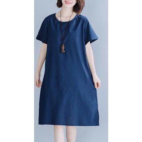2021 New Arrival Short Sleeve Loose Summer Dress Cotton Linen Solid Color Vintage Dress Women Holiday Travel Casual Midi Dress