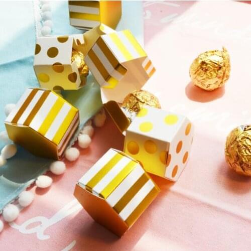 100Pcs Yellow & White Striped Polka Dots Hexagonal Wedding Favors Candy Boxes Bomboniera Party Supplies Gift Box Chcoolate Box