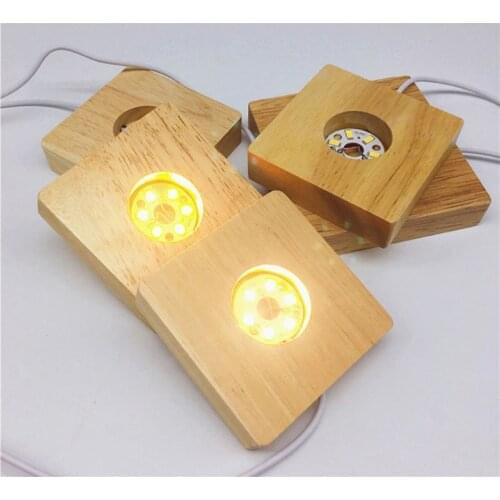 2 Pcs Wood LED Light 3D Crystals Glass Resin Art Dispaly Base Ornaments Night Lamp Base Stand