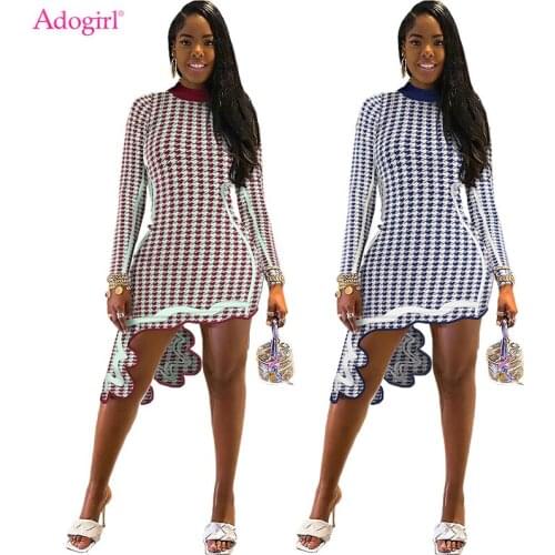 Adogirl Houndstooth Print Asymmetrical Mini Dress Wavy Hem Half High Neck Long Sleeve Bodycon Casual Dresses Autumn Clothing