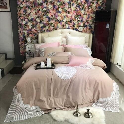 Noble 80S Egyptian cotton Embroidered Bedding sets Queen King Luxury White Lace Duvet cover Princess Bed sheet set Khaki 4/6pcs
