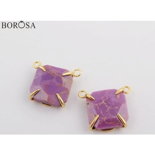 BOROSA Square Gold Plated Claw Muscovite Sugilite Connectors Faceted Double Charms Fashion Jewelry for Necklace DIY ZG0417