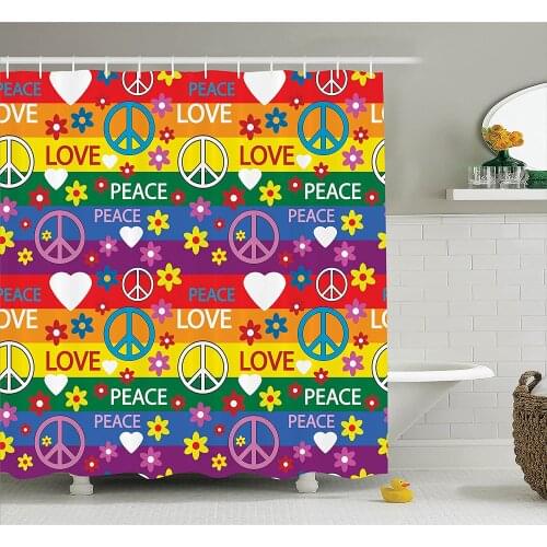 Groovy Decorations Shower Curtain Heart Peace Symbol Flower Power Political Hippie Cheerful Colors Festival Joyful Bath Curtains