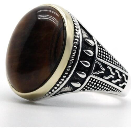 Pure 925 Sterling Silver Rings For Men Natural Tiger Eyes Stone Retro Punk Style Exquisite Ring Party/Wedding Rings Fine Jewelry