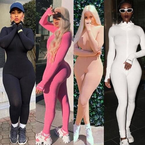 Autumn Winter Fashion Women High Neck Zipper Skinny Knitted Long Jumpsuits Lucky Label Embroidery Bodysuit Rompers and Jumpsuit