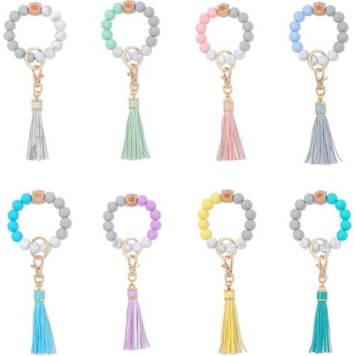 Fashion Leopard Silicone Tassel Keychain Multicolor Beads Bracelet llavero PU Leather Accessories Wrist Strap Key Chains Friends