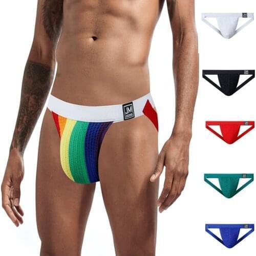 Mens Sexy Underwear Slassic Sports Fitness Rainbow Color Double Thong jockstrap homme thongs men Adjustable bandage fashion T5