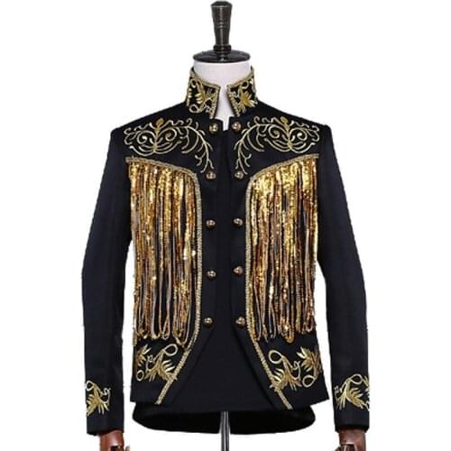 Mens Gold Silver Twinkle Tassel Sequins Embroidery Double Breasted Stage Singer Suit Jacket Men Slim Fit Blazer Designs