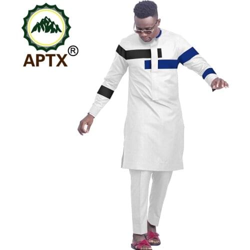 African Clothes For Men Personality Bicolor Design Bicolor Ankara Rich Bazin Long Sleeve Casual Robe 2 Piece Set Top Pants