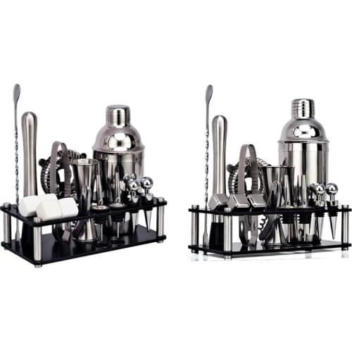 16 Pcs Cocktail Shaker Set Jigger Mixing Spoon Tong Barware Bartender Tools with Wood Storage Stand Bars Mixed Tools
