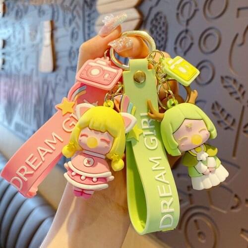 New Jungle Girl Keychain Cute Pink Purple Blue Green Bubble Doll Bag Car Metal Keyring Soft Lanyard Women Boy Lover Gift