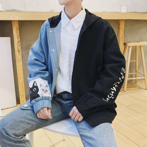 2020 Autumn new listing casual Male Clothing Joint Color Even Hat Loose Cowboy Coat Jacket Personality Sleeve Cat