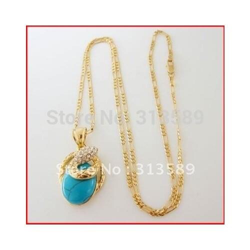 NEW YELLOW GOLD GP OVERLAY 24" FIGARO CHAIN NECKLACE&SNAKE BLUE STONE CZ PENDANT/Great Gift/Great Money Maker