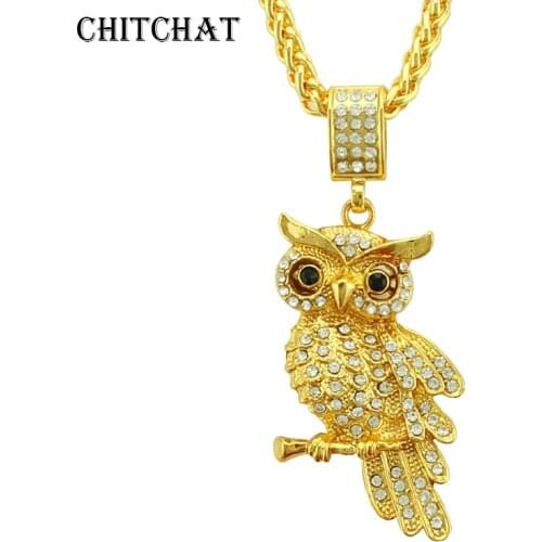 Hip Hop Iced Out Zircon Owl Pendant Animal Necklace Bling AAA CZ Stone Necklaces 60cm Rope Chain For Man Woman Rocker Gifts