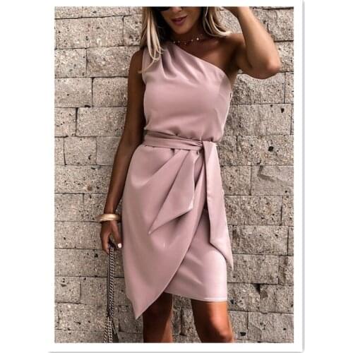 Elegant Single Shoulder Dress Party Women‘s Fashion Knee-Length Solid Sleeveless Summer Dress Office Lady Dresses with Belt