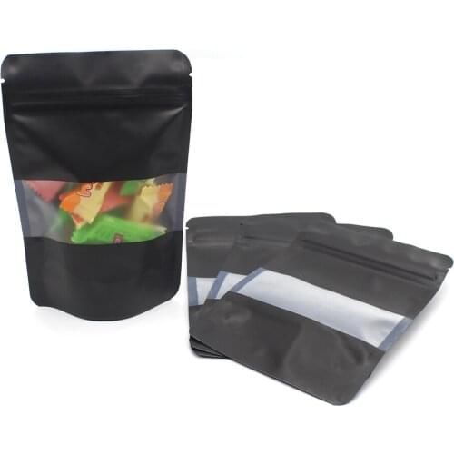 Reclosable 4x6 inch Matte Black Food Snacks Poly Storage Bag Tear Notch Stand Up Zip Lock Plastic Bags with Window 50pcs
