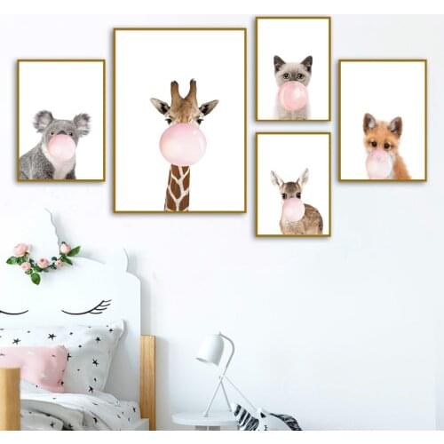 Baby Girl Pink Woodland Animals with Balloons Nursery Decor Canvas Paintings Wall Art Pictures Posters and Prints Home Decor