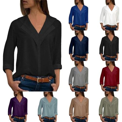 S-5XL autumn spring chiffon shirts pure color women long sleeve shirts v neck long sleeve women shirts plus size