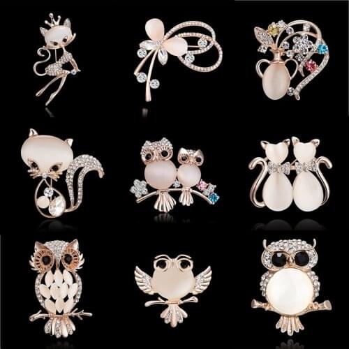 Cute Animal Cat Owl Bird Opal Brooches Pins For Women New Hot Crystal Party Kids Dress Coat Collar Pin Men Suits Jewelry Gift