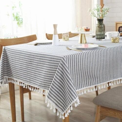 Strips Tablecloth with White Balls Rectangle Tablecloth with Tassel Cotton Linen Table Cloth for Home Dinner Tea Table Cover