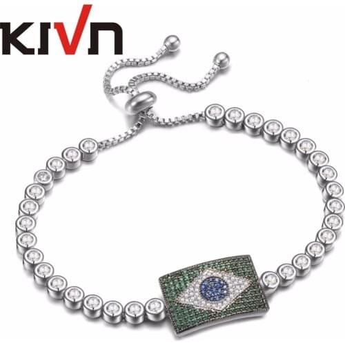 KIVN Jewelry Adjustable Brazilian Flag Charm Tennis CZ Cubic Zirconia Womens Bridal Wedding Bracelets Christmas Birthday Gifts