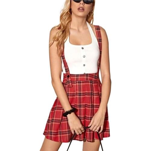 Ladies Summer Temperament Suspender Skirt, Women Fashionable Plaid Pattern Pleated Bust Skirt for Shopping Travel Dating
