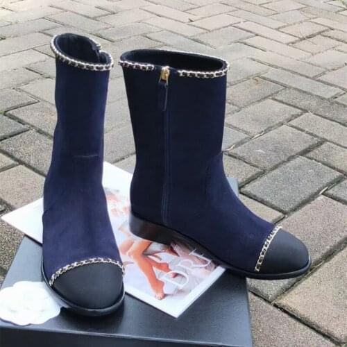Flat Metal Chain Women Boots Round Toe Short Boots Casual Genuine Leather Women Warm Boots New Luxury Brand Designer Boots Women