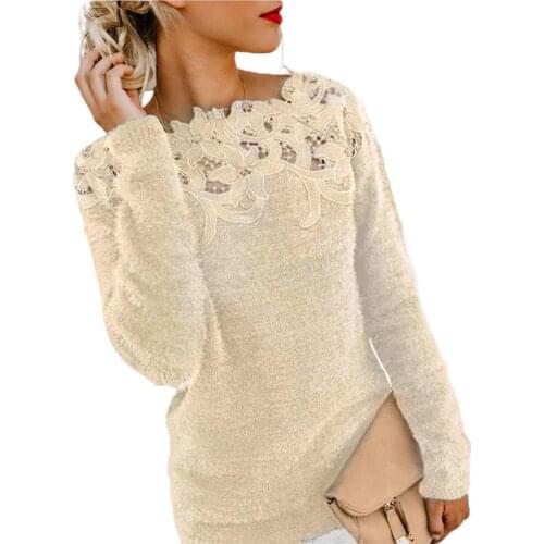 Women Solid Color Long Sleeve O Neck Floral Lace Pullover Plus Size Sweater