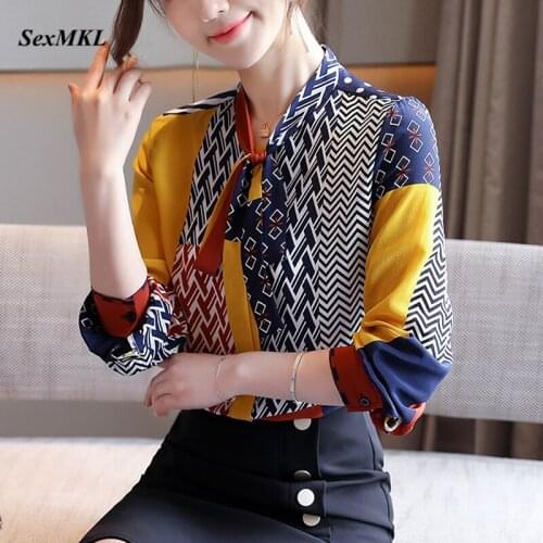 Women Autumn Long Sleeve Blouses 2020 Fashion Korean Style Bow Neck Office Blouse Clothes Elegant Printed Tops Chiffon Shirts