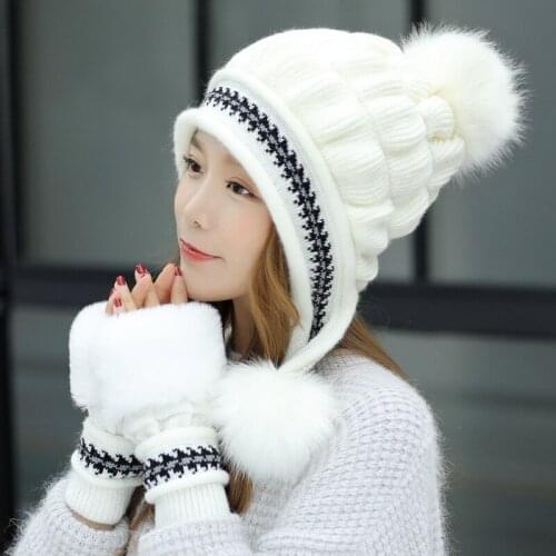 Womens Winter Hats With gloves Fur Hats Pom Poms Ball Beanie Caps Knitting Thick Skullies Female Cap Gorros with Gloves