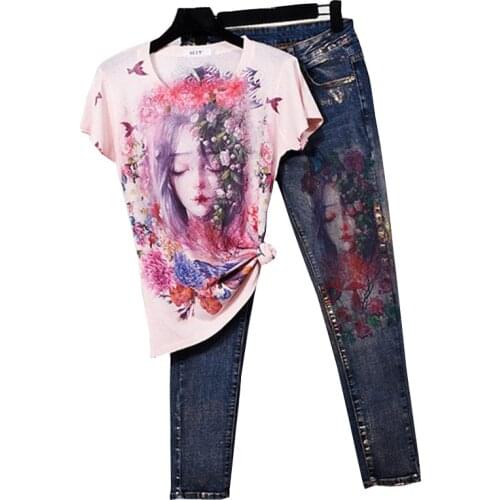 Two-piece T-shirt Suit Fashion Flowers Printed Women Casual T-shirt + Pants Lady Clothing Female Suit