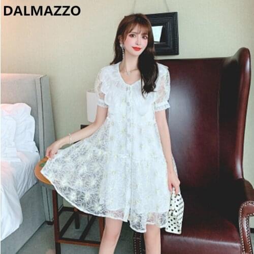 High Quality Women Peter Pan Collar Single-Breasted Mesh Embroidery Lining Dress 2021 Summer Designer Lady Loose Vestidos Female