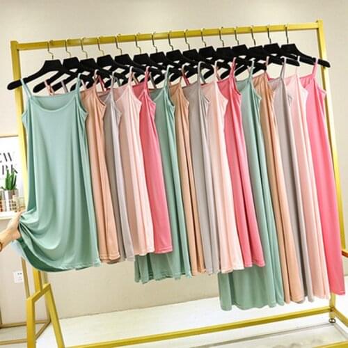 2021 Plus size Modal Dress Women Summer Stretchy Loose soft Spaghetti strap 80 to 90 to 110cm Long Under Ladies Casual Dresses