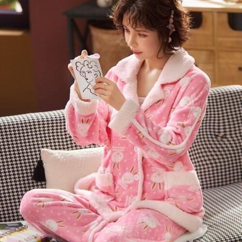 2021 Winter Warm Flannel Women Pyjamas Sets Thick Coral Pijamas Women Fleece Pajama Thick Flannel Long Pajamas Set for Girl