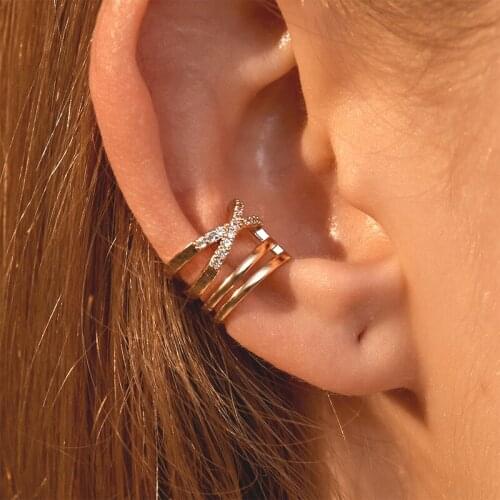 1 PCS Vintage X Shape Geometric Crystal Ear Cuff Non Pierced Clip Earring for Women Trendy Punk Wide Circle Earring