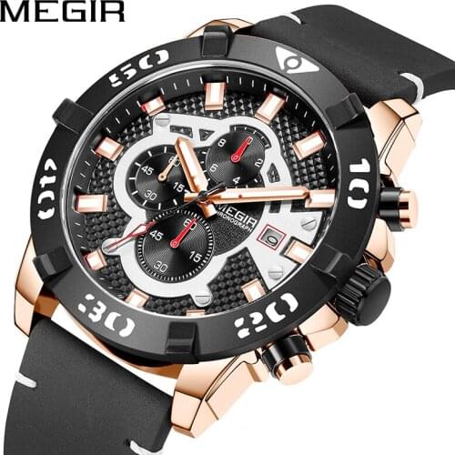 MEGIR Sport Watch for Men Real Leather Strap Man Quartz Wristwatches Clock Multi-function Three Eyes Big Dial 2021 Newest design