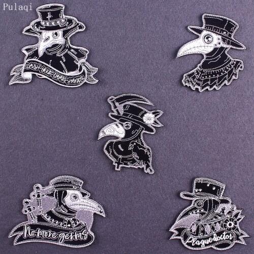 Pulaqi Black Bird head Mask Plague Doctor Embridered Patches For Clothing Stripe Black White Animal Punk patches For Jacket DIY