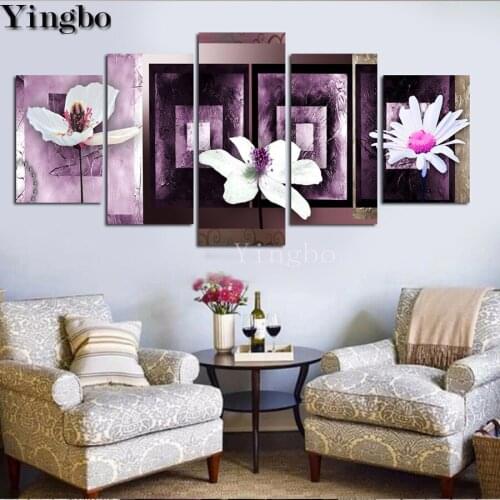 DIY Diamond Painting 5 Piece White Flower Diamond Mosaic Cross Stitch Embroidery Full circle Purple Background Living Room Decor