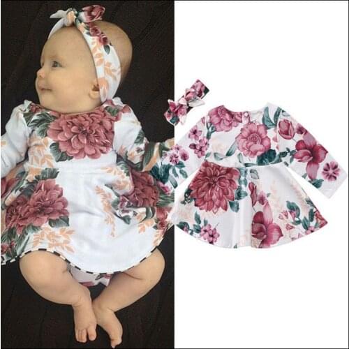 2Pcs Baby Girls Clothes Set Newborn Kid Baby Girls Floral Dress + Headband Outfits Autumn Spring Long Sleeve Outfits