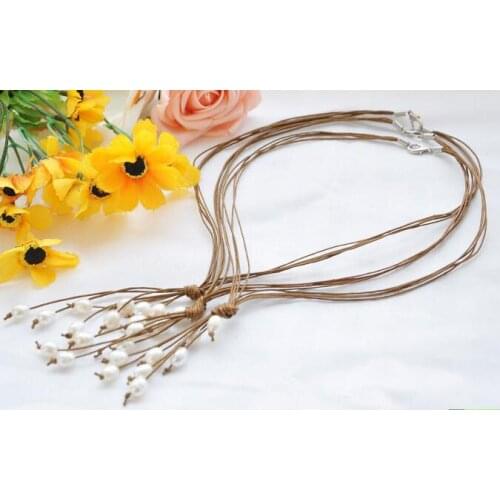 Leather Pearl Jewellery,Wholesale 3pcs 20inches White Rice Coffee Leather Necklace,New Free Shipping