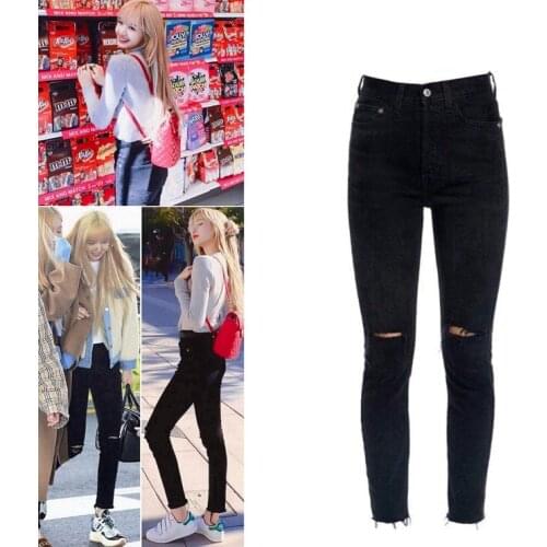 Kpop Korean Celebrity streetwear fashion high waist hole skinny jeans women autumn korean sexy slim feet jeans girls clothes
