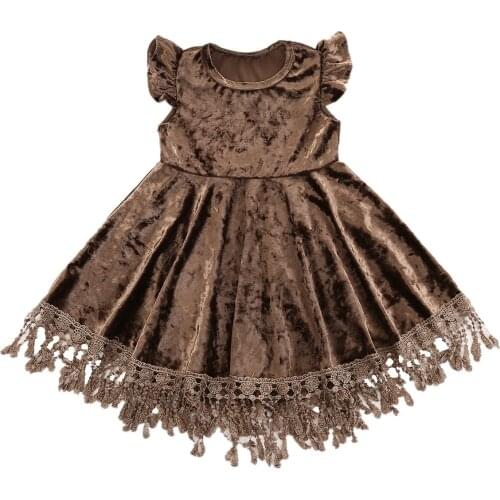 Little Girl’s Sweet Flying Sleeve Dress Children Spring Autumn Vintage Solid Color Tassel A-line Princess Dress Brown